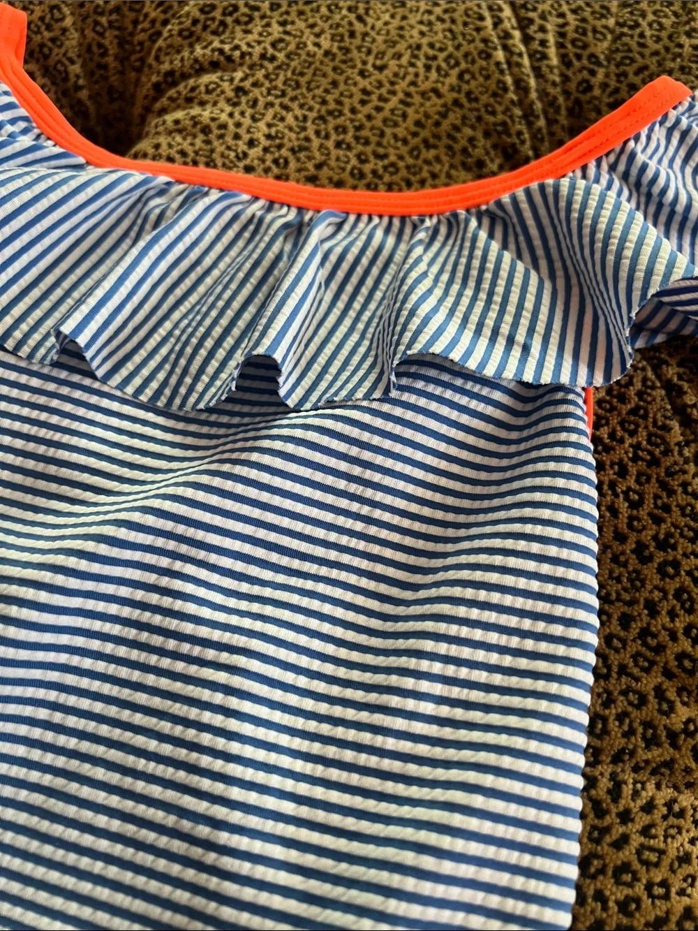 Mini Boden Girls One-Piece Swim - Navy & White Stripes with Orange Trim